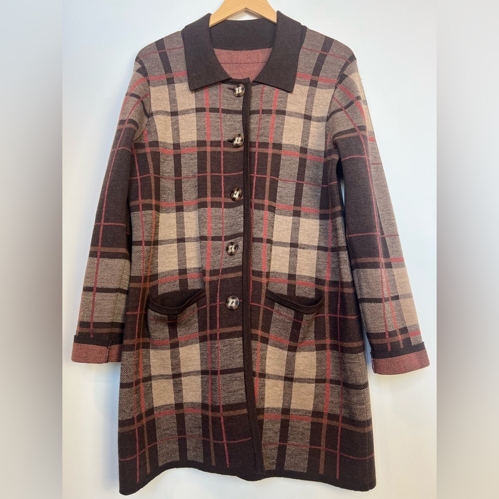 Pendleton 100% Merino Wool Plaid Sweater Jacket –‎ Brown Check Size M (Approx)